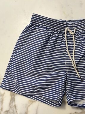 ‘OAS’ Navy & White Striped swim Shorts